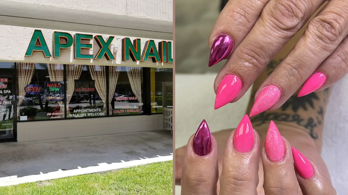 Close-up of decorated nails with glossy finish.