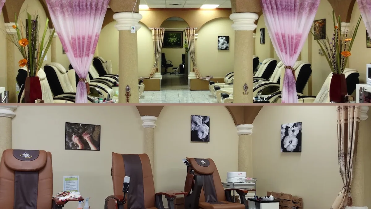 Pedicure station with chairs and bright lighting.