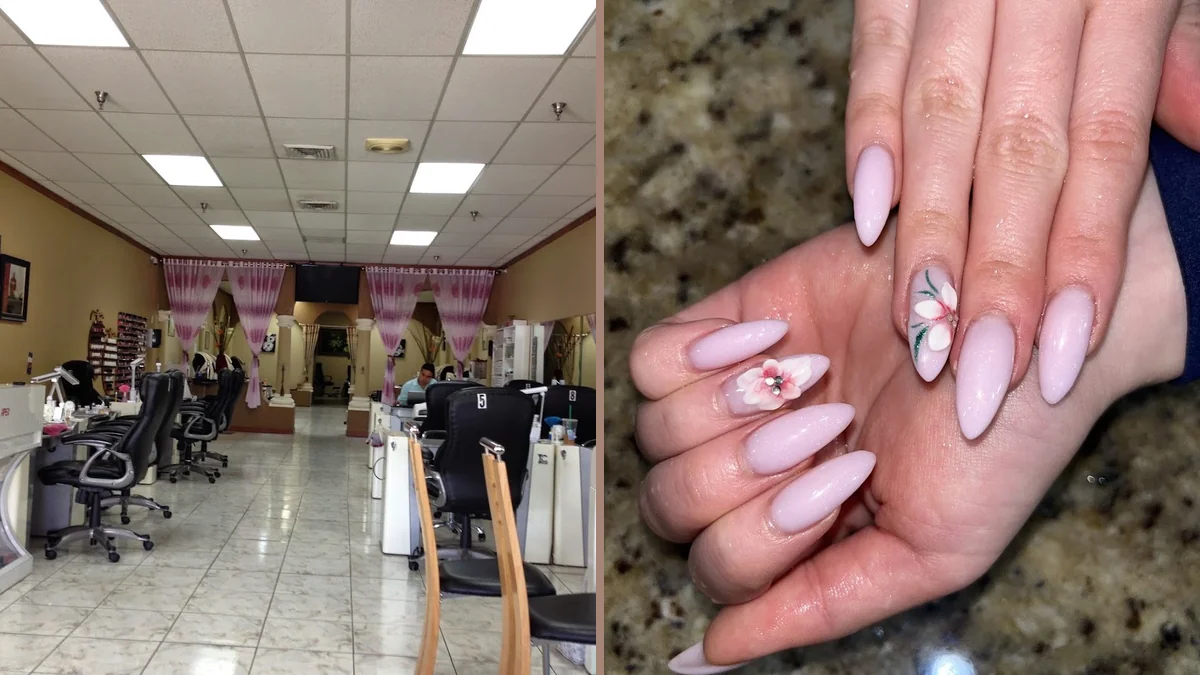 Close-up of decorated nails with glossy finish.